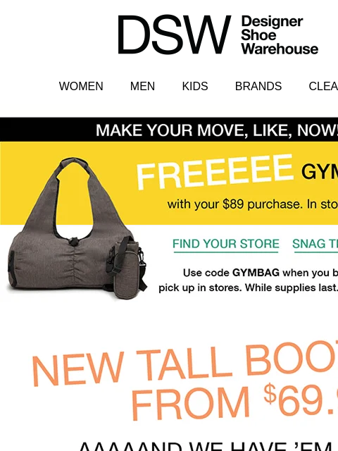 dsw newsletter: We’re running out of this FREE Gym Bag…