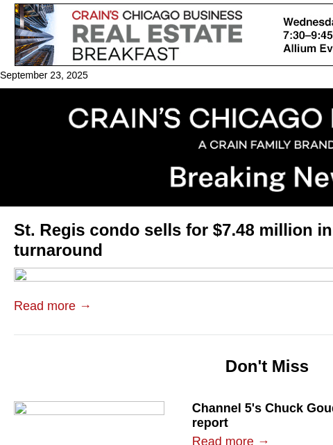 crainalerts newsletter: St. Regis sales on an upswing
