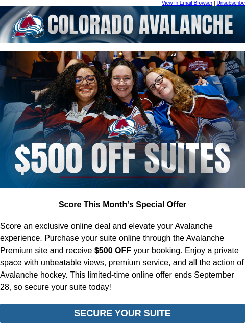 thecoloradoavalanche newsletter: ⛰️Take $500 Off Avalanche Suites When You Book Onl...