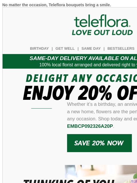 teleflora newsletter: Delight Any Occasion 🌷Enjoy 20% Off