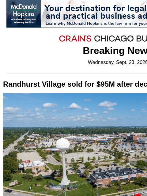crainalerts newsletter: Randhurst Village sold after decade-long overhaul