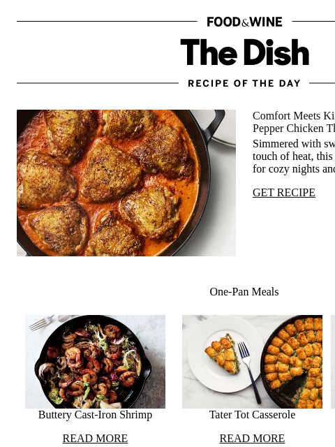 foodandwine newsletter: One-Pan Chicken Thighs With Pepper-Tomato Sauce