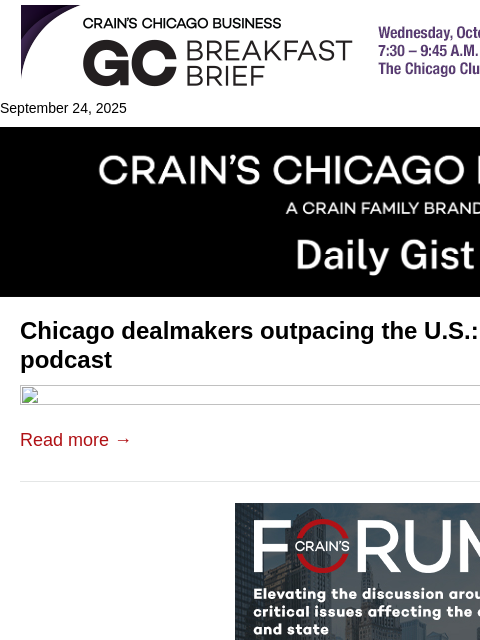 crainalerts newsletter: Chicago dealmakers outpacing the U.S.: Crain's Dai...