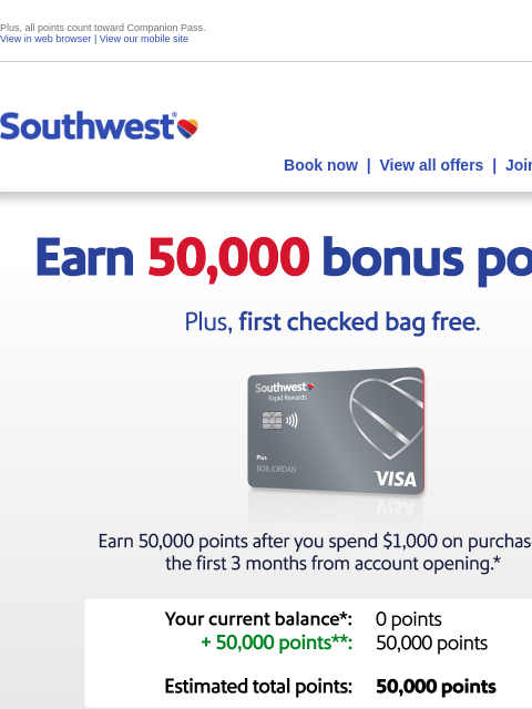 southwest newsletter: Earn 50,000 points + first checked bag free!