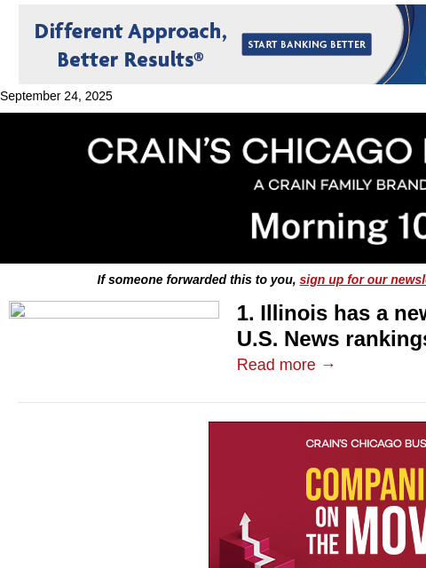 crainalerts newsletter: College rankings shift in Illinois