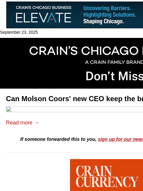 crainalerts newsletter: Can Molson Coors' new CEO keep the brewer relevant...