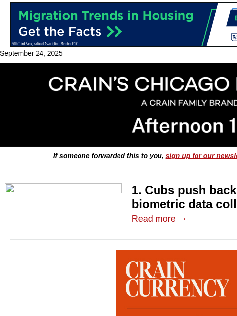 crainalerts newsletter: Cubs face claims of illegal biometric data collect...