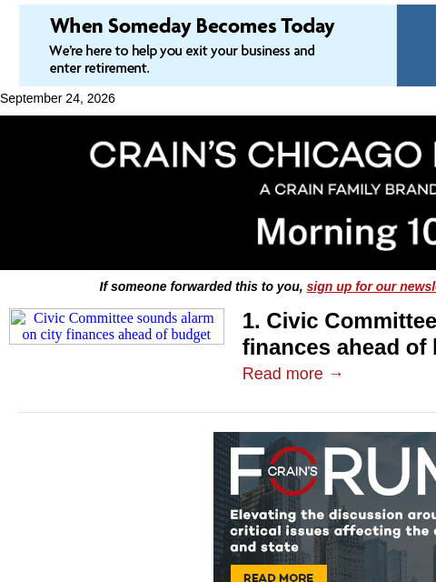 crainalerts newsletter: Civic Committee sends warning on city finances