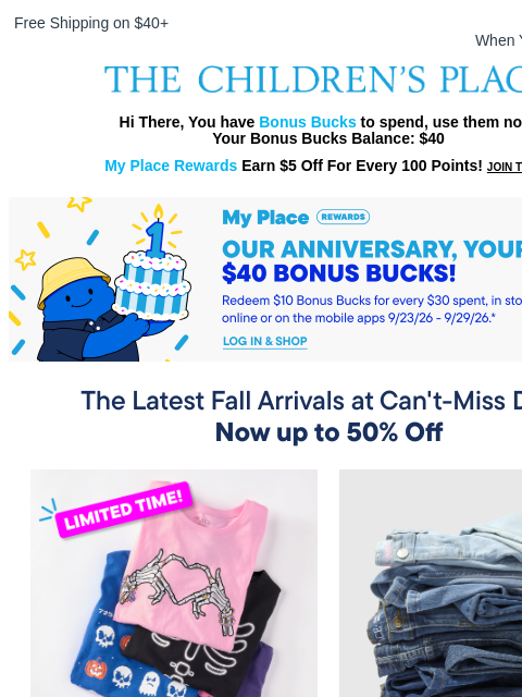 childrensplace newsletter: Surprise $40 in Bonus Bucks inside, let’s go 🛍️