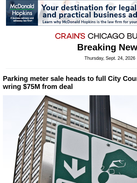 crainalerts newsletter: Parking meter deal now heads to full Council for a...