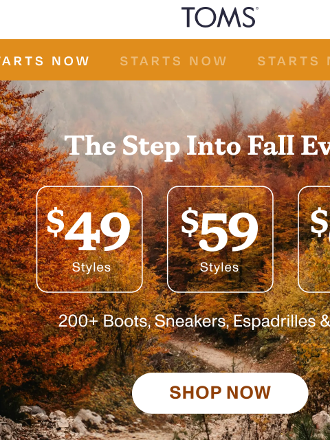 toms newsletter: Big Style. Small Prices. Starting at $49.