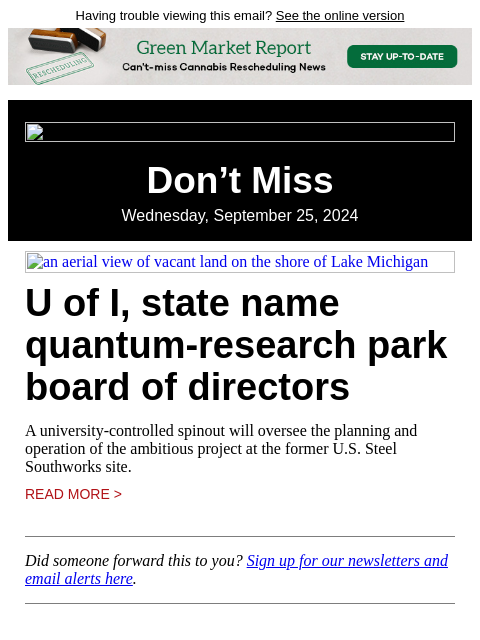 Having trouble viewing this email? See the online version Don't Miss Wednesday, September 25, 2024 an aerial view of vacant land on the shore of Lake Michigan U of I, state name quantum-research