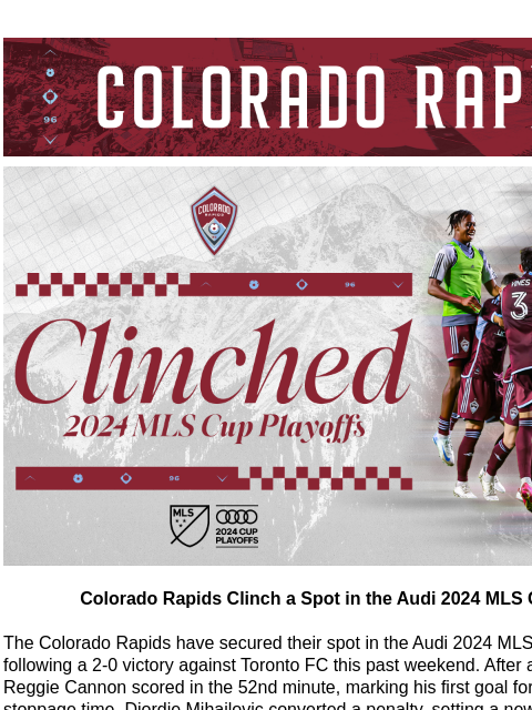 Djordje Mihailovic Breaks Record as Rapids Clinch Playoffs CR_Header_600x100.jpg Colorado Rapids Clinch a Spot in the Audi 2024 MLS Cup Playoffs Colorado Rapids Clinch a Spot in the Audi 2024 MLS Cup