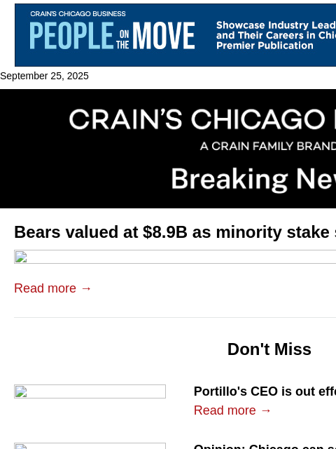 crainalerts newsletter: Bears value spikes as minority stake sale OK'd