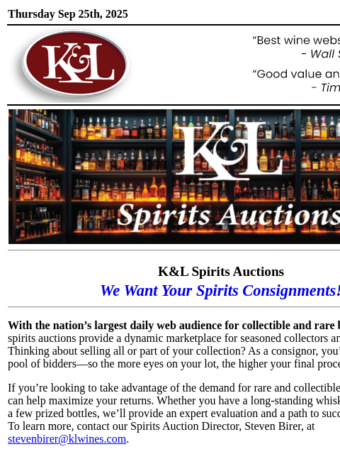 klwines newsletter: Turn Your Rare Spirits Into Top-Dollar Bids
