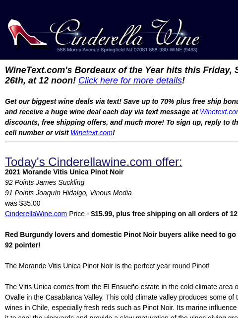 winelibrary newsletter: 2021 Morande Vitis Unica Pinot Noir (92 JS, 91 VM)...