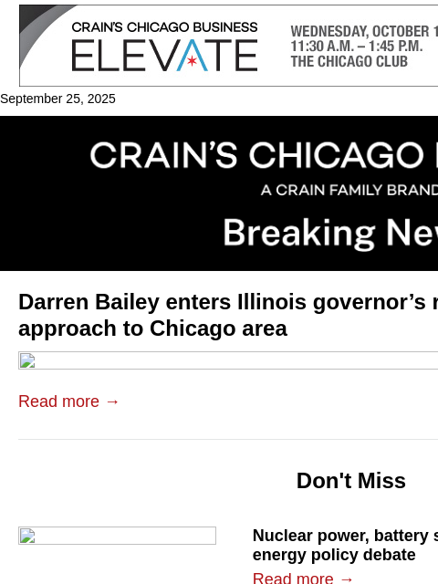 crainalerts newsletter: Darren Bailey launches bid for governor