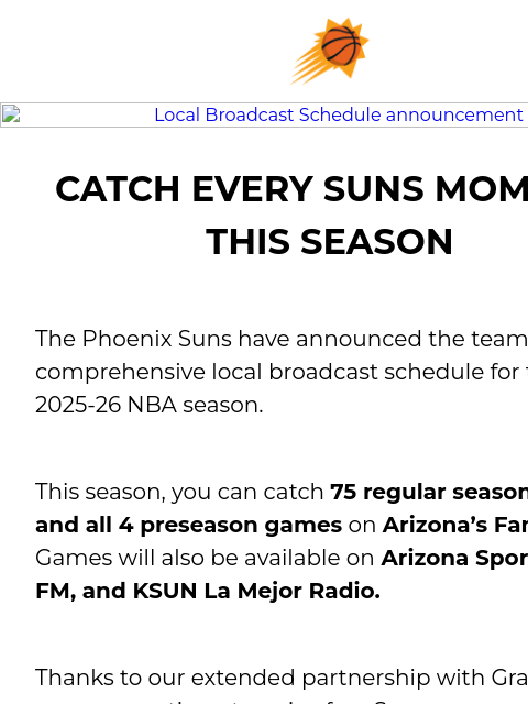 suns newsletter: Phoenix Suns Announce 2025-26 Local Broadcast Sche...