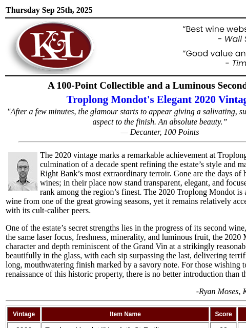 klwines newsletter: 100 Point Bordeaux: "An Absolute Beauty" —Decanter