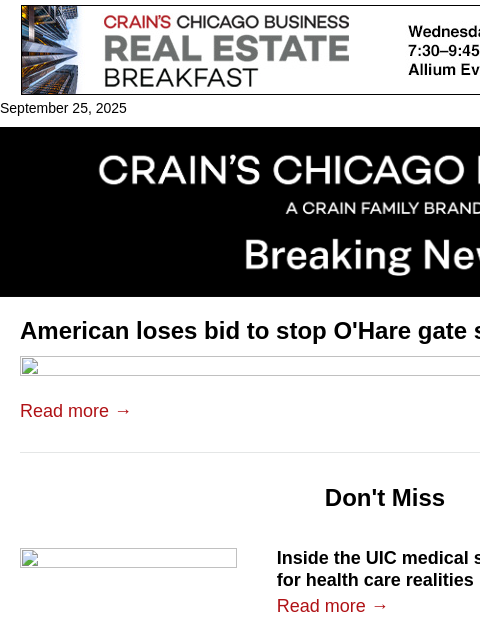 crainalerts newsletter: American loses bid to stop O'Hare gate shuffle