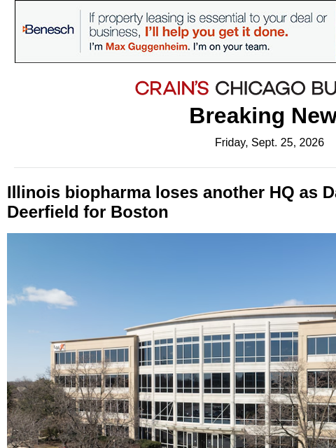 crainalerts newsletter: Drugmaker moving Deerfield HQ to Boston
