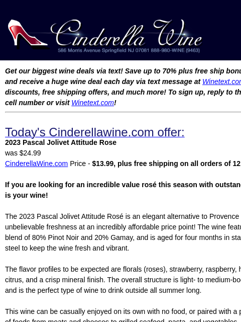 winelibrary newsletter: 2023 Pascal Jolivet Attitude Rose. Free Ship on 12