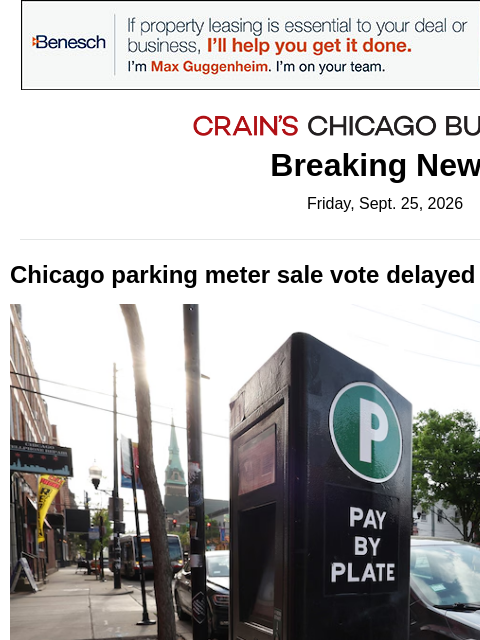 crainalerts newsletter: Parking meter vote delayed again