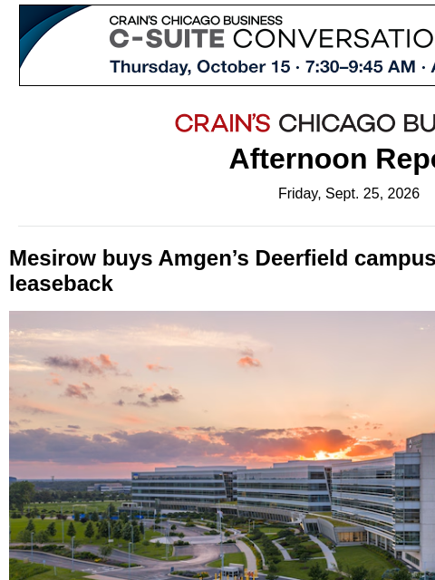 crainalerts newsletter: Amgen cashes out in Deerfield