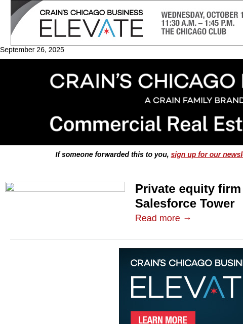 crainalerts newsletter: Private equity firm eyes move to Salesforce Tower