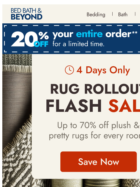 bedbathandbeyond newsletter: Up to 70% off rugs starts NOW ⚡