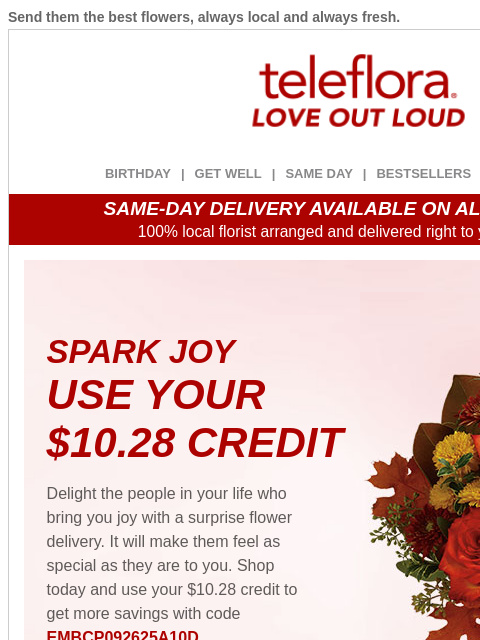 teleflora newsletter: Re: Your [$10.28] Credit is EXTENDED! ⭐
