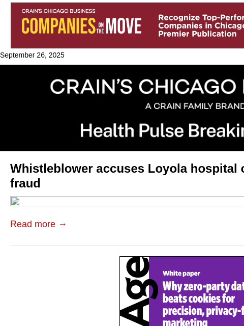 crainalerts newsletter: Loyola faces whistleblower transplant lawsuit