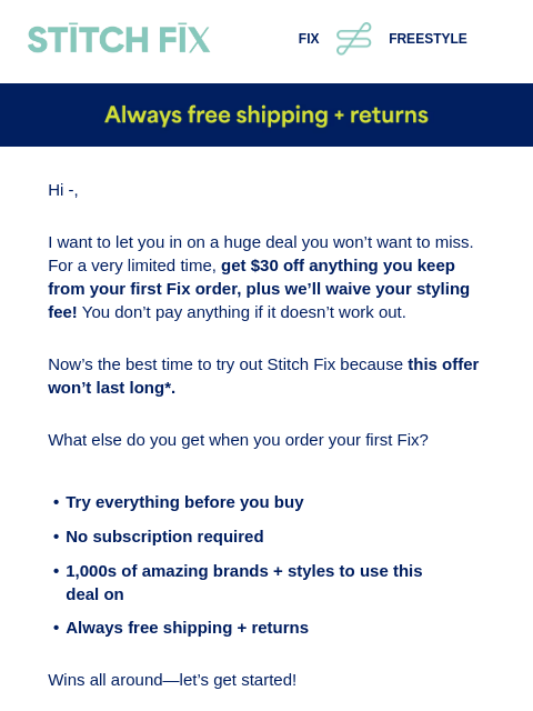 stitchfix newsletter: Special offer: $30 off your first order