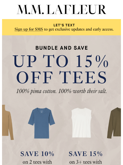 mmlafleur newsletter: UP TO 15% OFF: The Lay’s potato chips of tees.