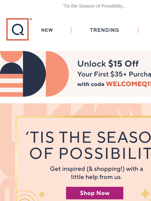 'Tis the Season of Possibility... QVC New TRENDING DEALS Unlock $15 off Your First Purchase tis the season black friday header linens boots clinique gems on sale tech NYDJ Seamless High Rise Ami