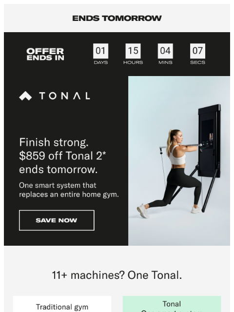 tonal newsletter: Ends tomorrow. Save $859 on Tonal 2.