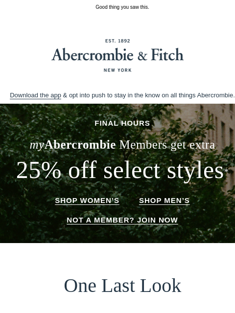 abercrombie newsletter: FINAL CALL myA&F members: extra 25% off select sty...