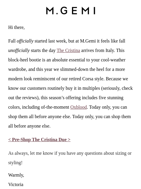 mgemi newsletter: Pre-Shop The Cristina Due