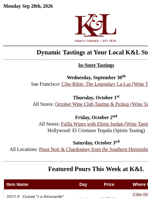 klwines newsletter: Legendary La-Las, October Club Tasting, Southern H...