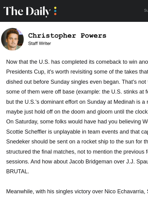 golfdigest newsletter: U.S. completes Sunday singles comeback at Presiden...