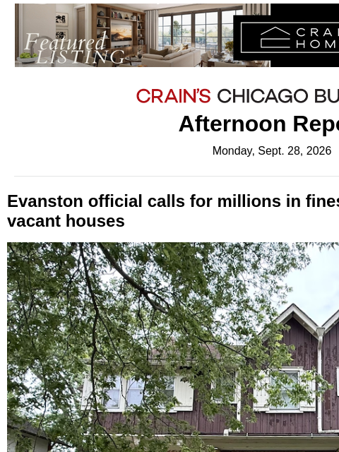 crainalerts newsletter: Evanston's Northwestern penalties spark dispute