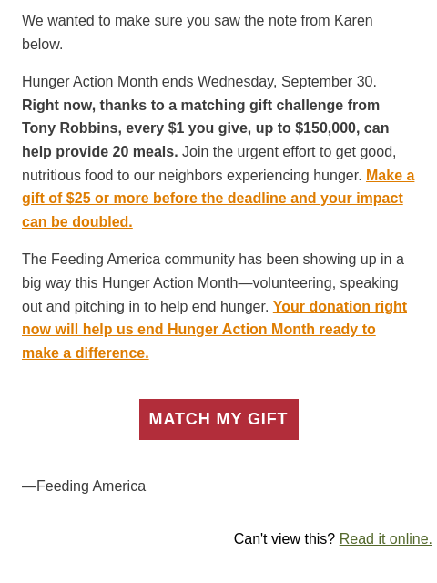 feedingamerica newsletter: Take one minute to double your impact