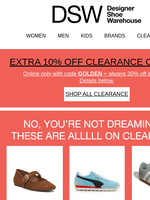 dsw newsletter: EXTRA 10% off clearance 🎉