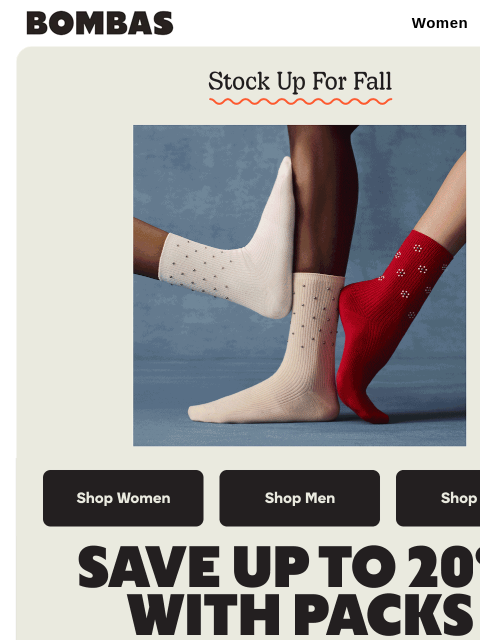 bombas newsletter: Up to 20% Off Packs for Fall