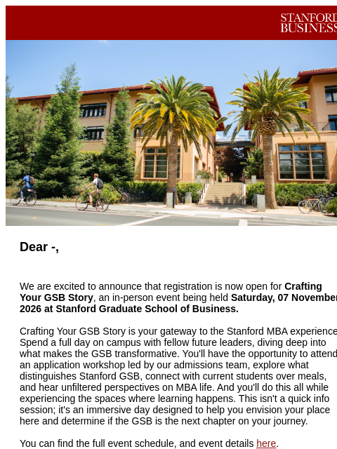 stanford newsletter: Register Now: Crafting Your GSB Story