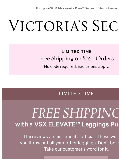 Plus, up to 60% off Sale + an extra 25% off? Say less... View on browser Victoria's Secret VSCC Available Credit Display images to show real-time content Display images to show real-time content