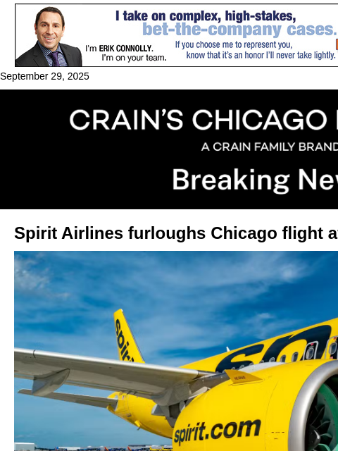 crainalerts newsletter: Spirit Airlines furloughs Chicago flight attendant...