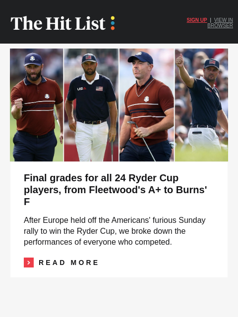 golfdigest newsletter: Final Ryder Cup grades, from A+ to F