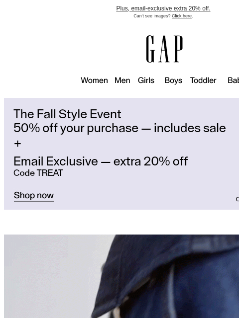 gap newsletter: GapJeans. The guide.  +  50% off your purchase
