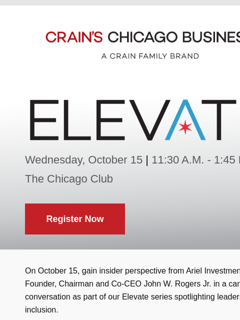 crainliveevents newsletter: Crain’s Elevate Comes to Life on October 15